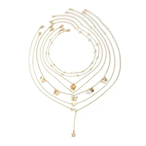 7PC Layered Necklaces for Women Gold Plated Necklace Stack Jewelry Set Includes Pearl Necklace for WomenChoker NecklaceTiny Heart Pendant NecklaceGlod Heart NecklaceButterfly NecklaceStar Neckla