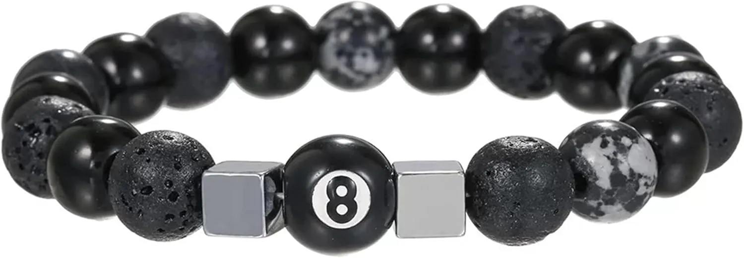8 Ball Bracelet Black Cool Punk Natural Lava Stone Obsidian Beaded Bracelet for Women Men
