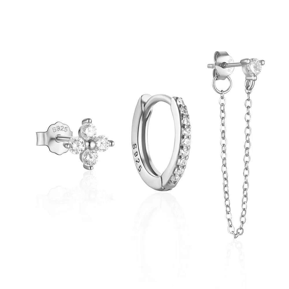 925 Sterling Silver Floral Zircon Chain Stud and Gold-Plated Huggie Hoop Earrings Set for Women (silver)
