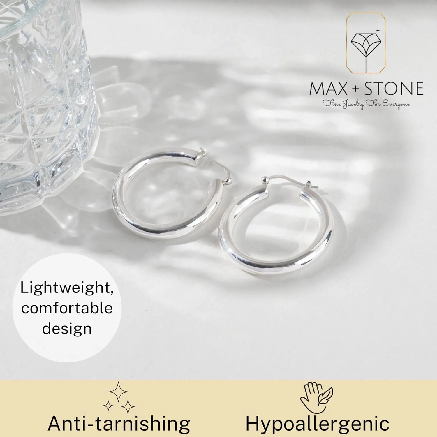 925 Sterling Silver Polished Chunky Hoop Earrings for Women | Hypoallergenic Round Sterling Silver Hoop Earrings | Lightweight Thick Silver Earrings Hoops 1, 1.5 & 2 Inches by MAX   STONE