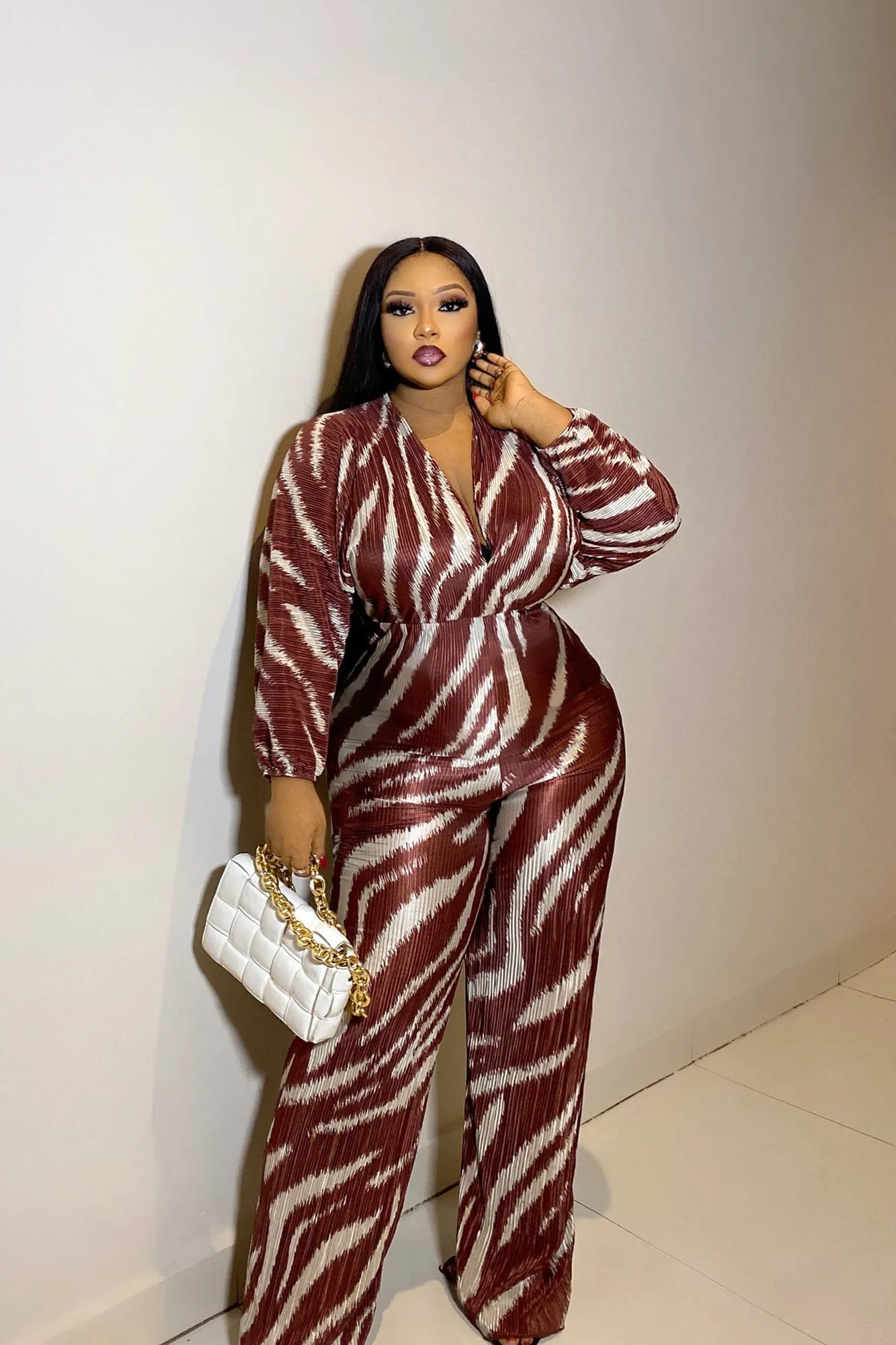 Above Rank Plisse Jumpsuit  - Brown/combo