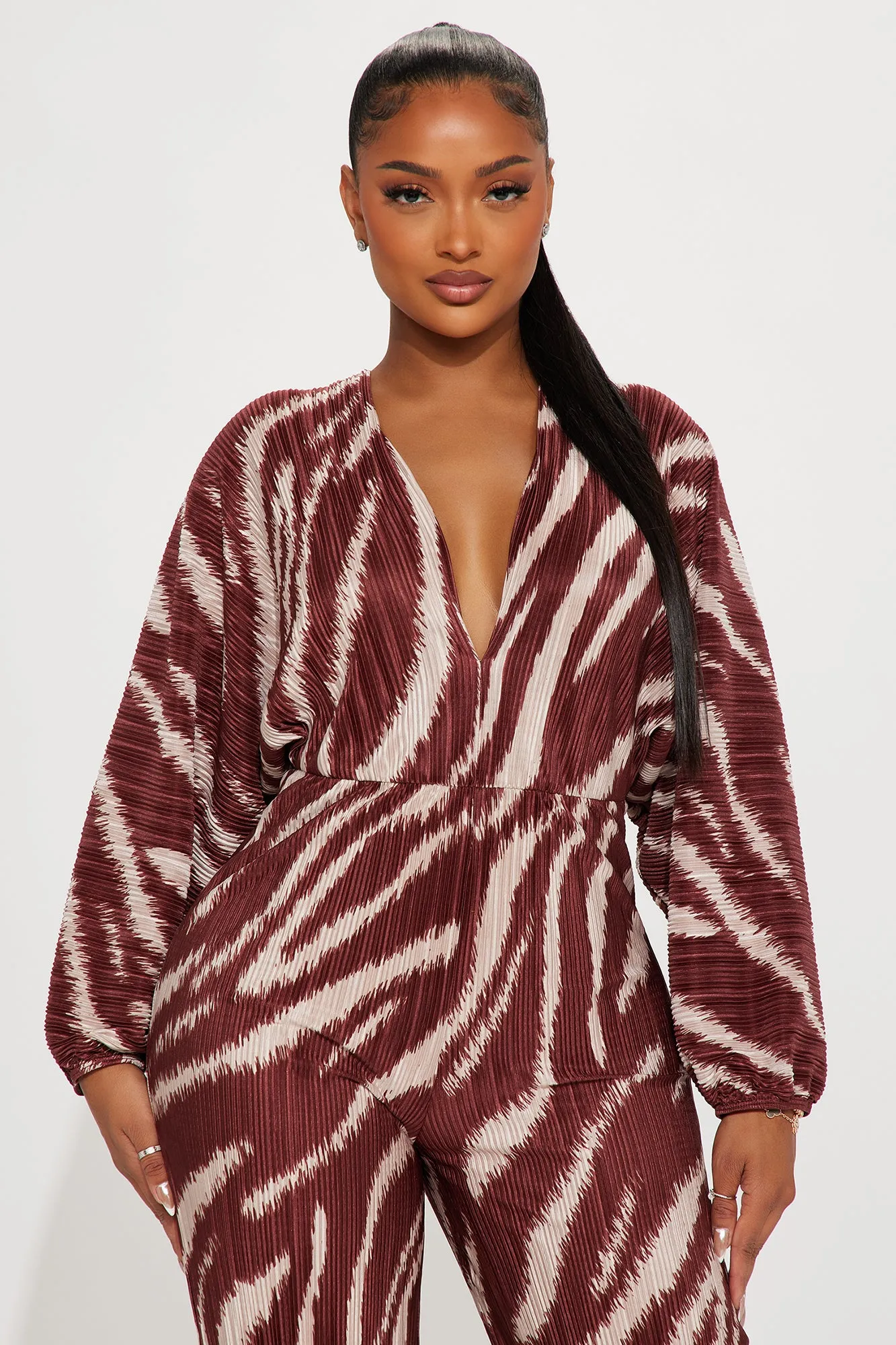 Above Rank Plisse Jumpsuit  - Brown/combo