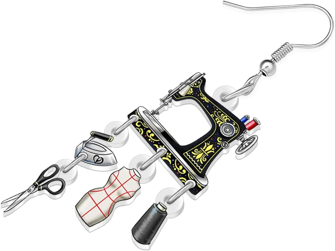 Acrylic Vintage 70s 80s Sewing Machine Earrings Retro Nostalgic Lightweight Dangle Designer Earrings Jewelry for Women Mom Quilter Sewing Lovers Seamstress Gifts