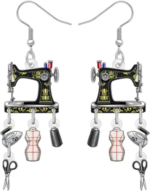 Acrylic Vintage 70s 80s Sewing Machine Earrings Retro Nostalgic Lightweight Dangle Designer Earrings Jewelry for Women Mom Quilter Sewing Lovers Seamstress Gifts