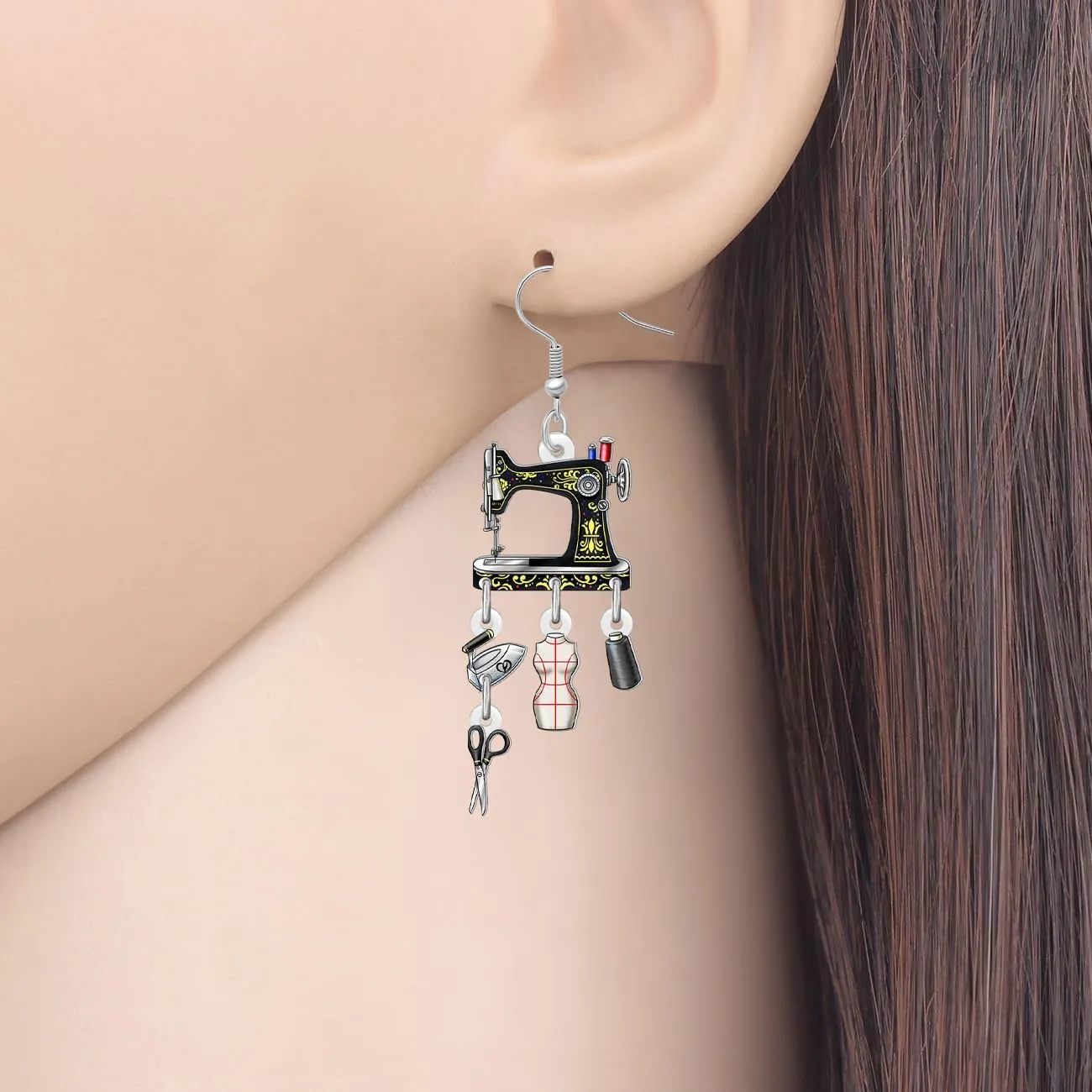 Acrylic Vintage 70s 80s Sewing Machine Earrings Retro Nostalgic Lightweight Dangle Designer Earrings Jewelry for Women Mom Quilter Sewing Lovers Seamstress Gifts