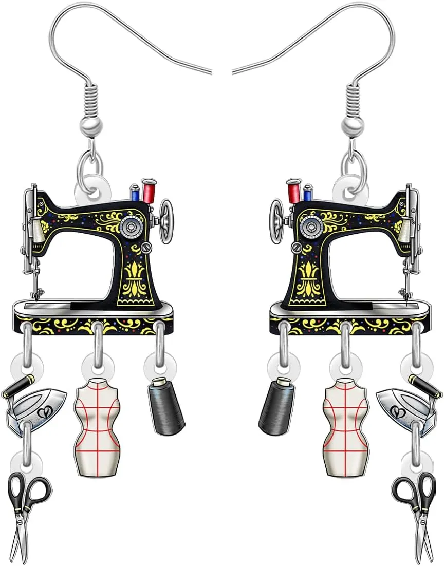 Acrylic Vintage 70s 80s Sewing Machine Earrings Retro Nostalgic Lightweight Dangle Designer Earrings Jewelry for Women Mom Quilter Sewing Lovers Seamstress Gifts