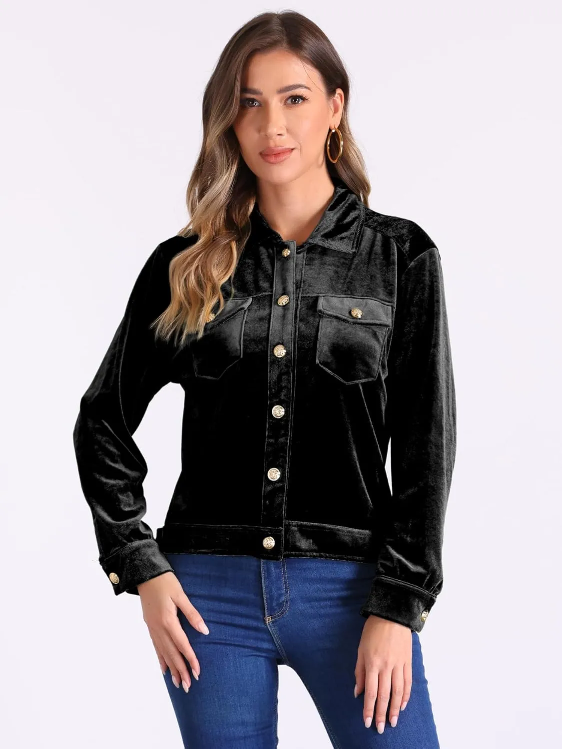 Allegra K Velvet Jacket for Women's Button-Up Long Sleeve Crop Jacket