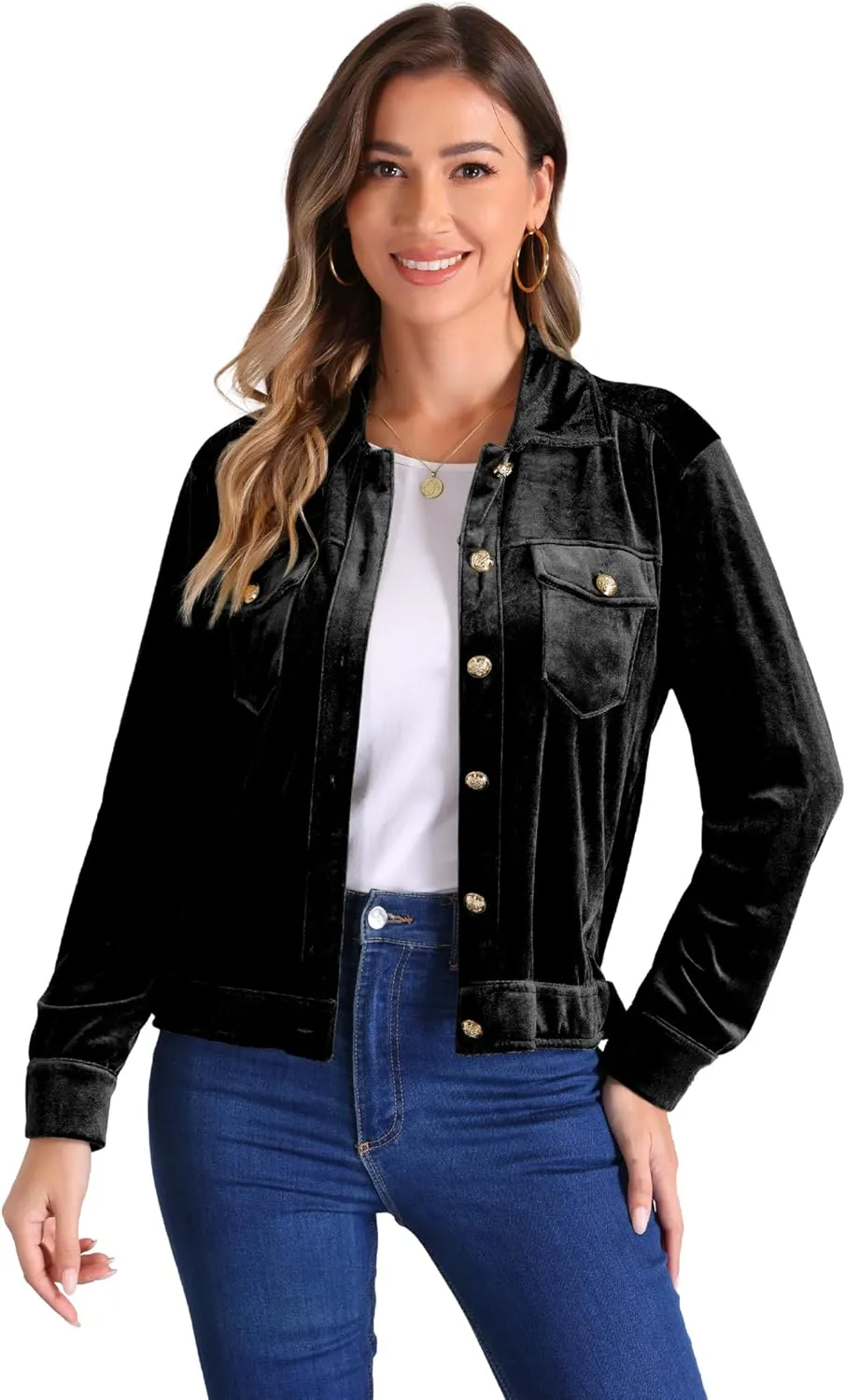 Allegra K Velvet Jacket for Women's Button-Up Long Sleeve Crop Jacket