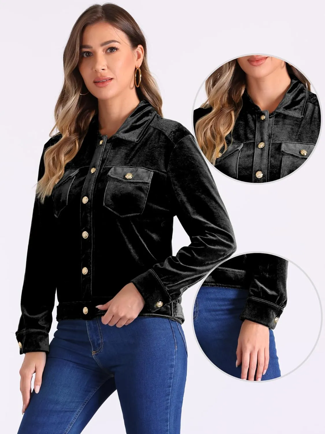 Allegra K Velvet Jacket for Women's Button-Up Long Sleeve Crop Jacket