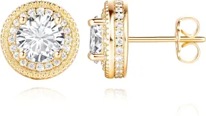 AMELINE 14K Gold Studs Earrings for Women, Small Gold Stud Earrings for Women, Stylish Minimalist Womens Earring Design, Brilliant Cubic Zirconia Earring Studs, 11 mm