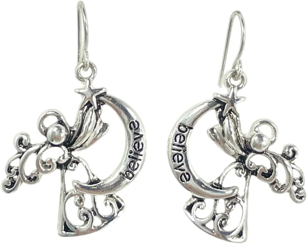 Angel Earrings with "Believe" Moon & Star  Spiritual Dangle Hook Earrings for Faith & Inspiration