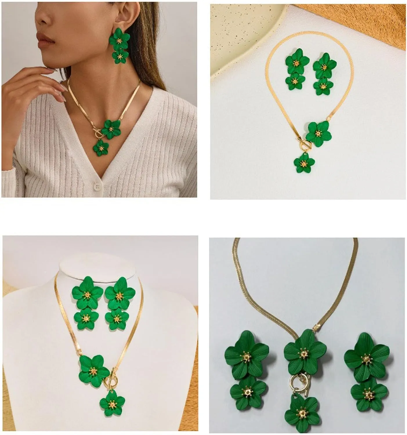 Angyape Chunky Gold Flower Earrings Necklace Set White Flower Pendant Necklace for Women Statement Large Floral Dangle Earrings Spring Trendy Jewelry Dresses