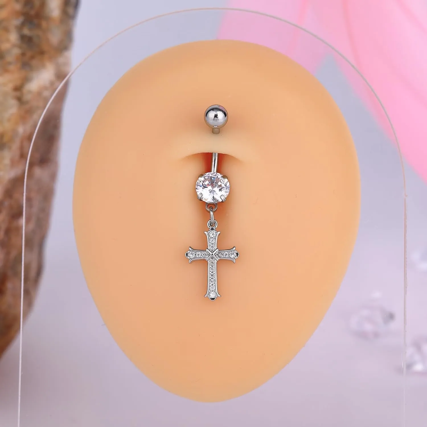 B BodyPJ Sparkles 14G Religious Belly Button Ring with Crystal Cross and Religious Charms, Stainless Steel