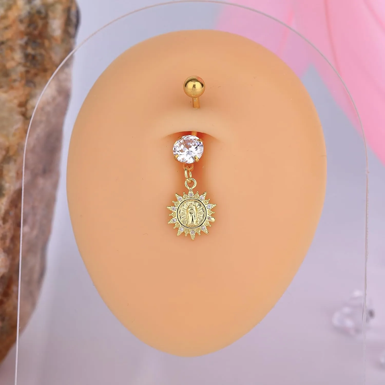 B BodyPJ Sparkles 14G Religious Belly Button Ring with Crystal Cross and Religious Charms, Stainless Steel