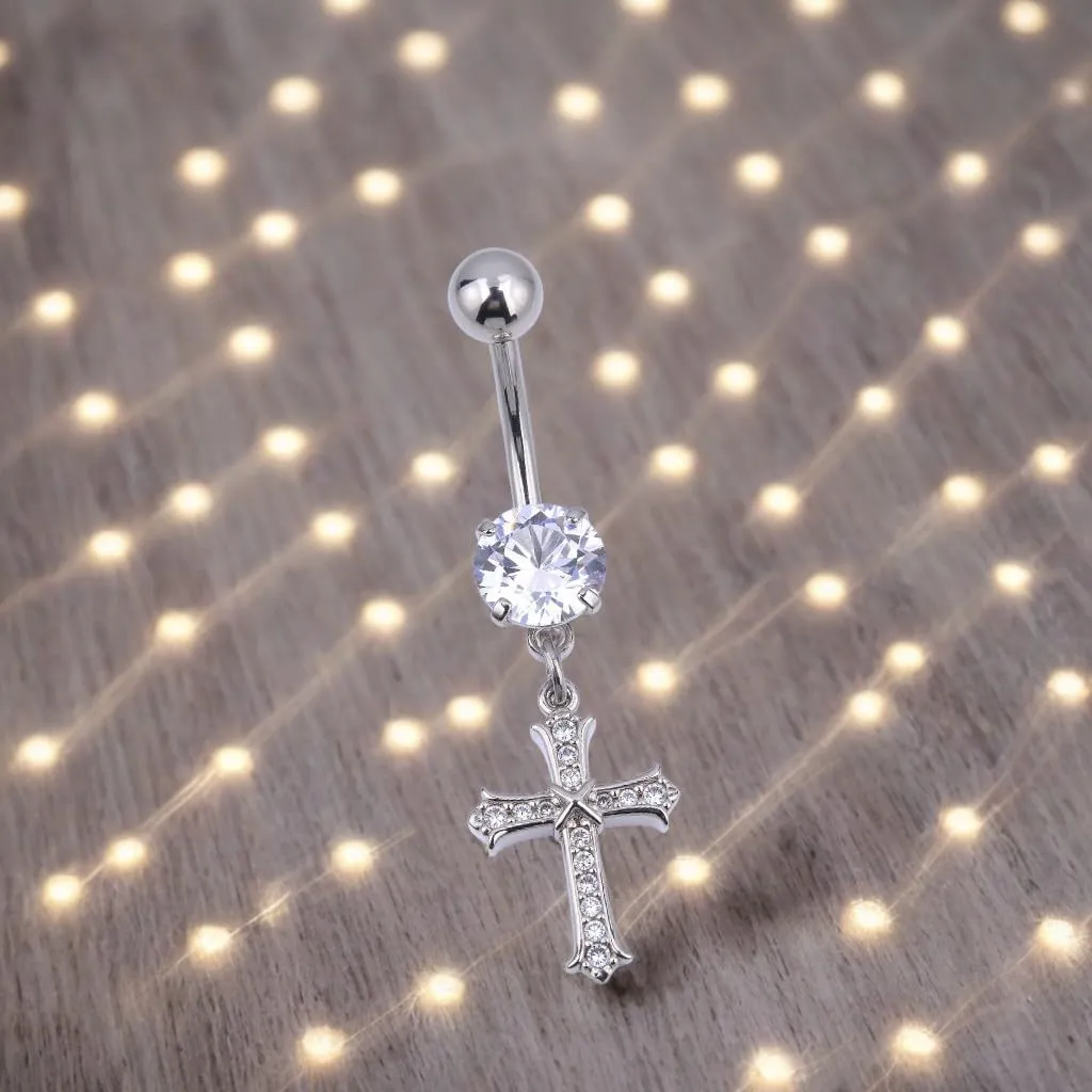 B BodyPJ Sparkles 14G Religious Belly Button Ring with Crystal Cross and Religious Charms, Stainless Steel