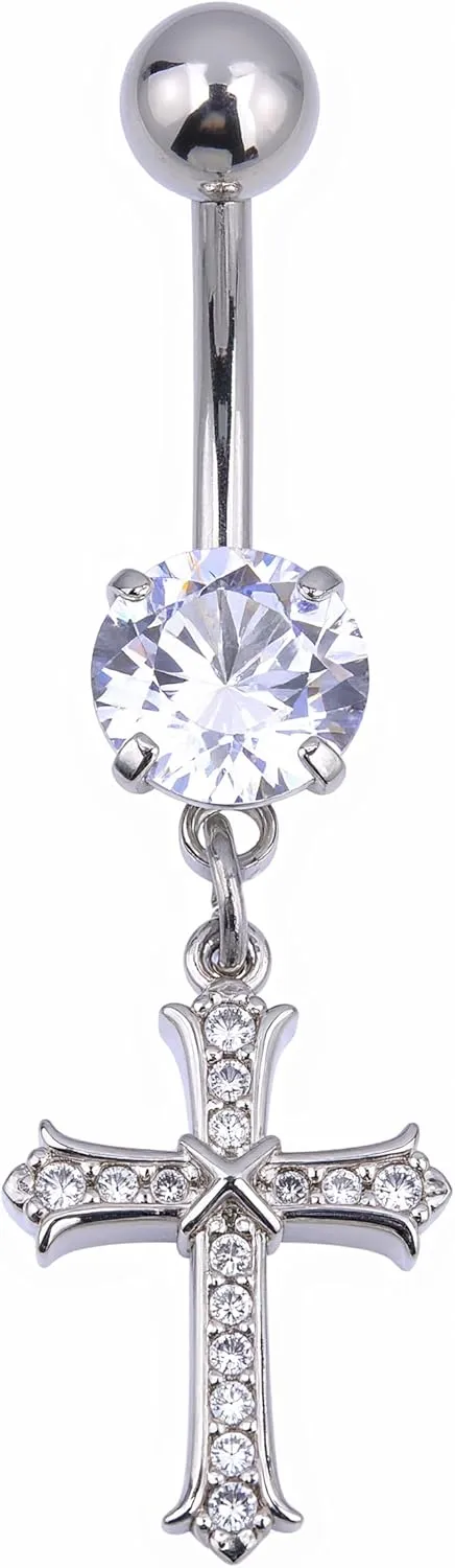 B BodyPJ Sparkles 14G Religious Belly Button Ring with Crystal Cross and Religious Charms, Stainless Steel