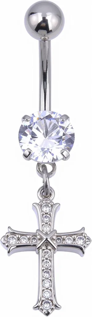 B BodyPJ Sparkles 14G Religious Belly Button Ring with Crystal Cross and Religious Charms, Stainless Steel