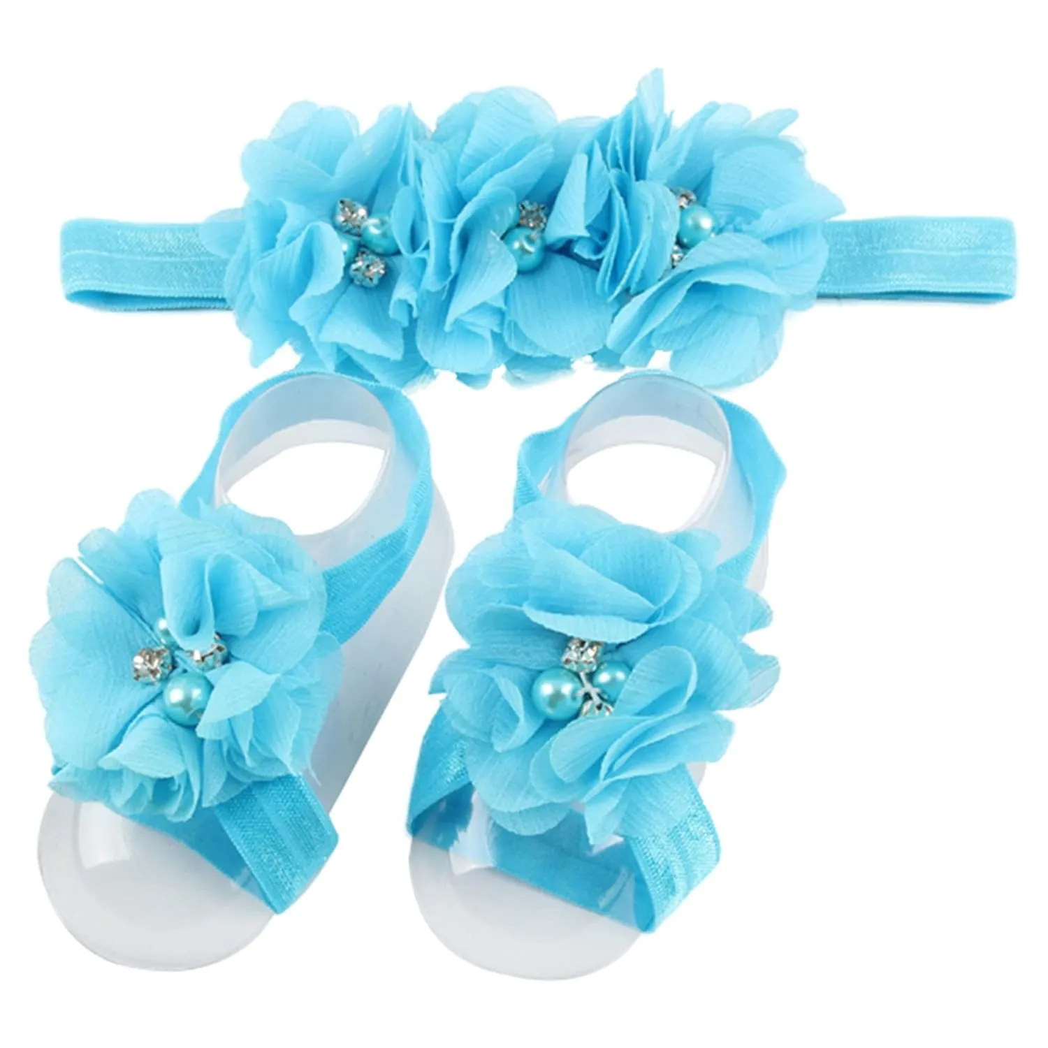 Baby girls infant crochet butterfly headbands and knitted flower barefoot sandals.(BBFJ3) (Blue)