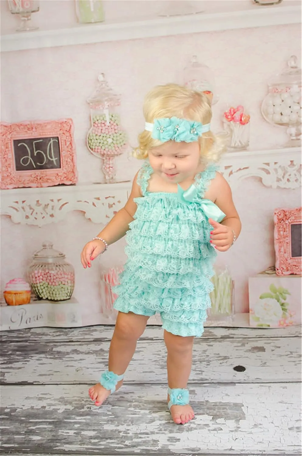 Baby girls infant crochet butterfly headbands and knitted flower barefoot sandals.(BBFJ3) (Blue)