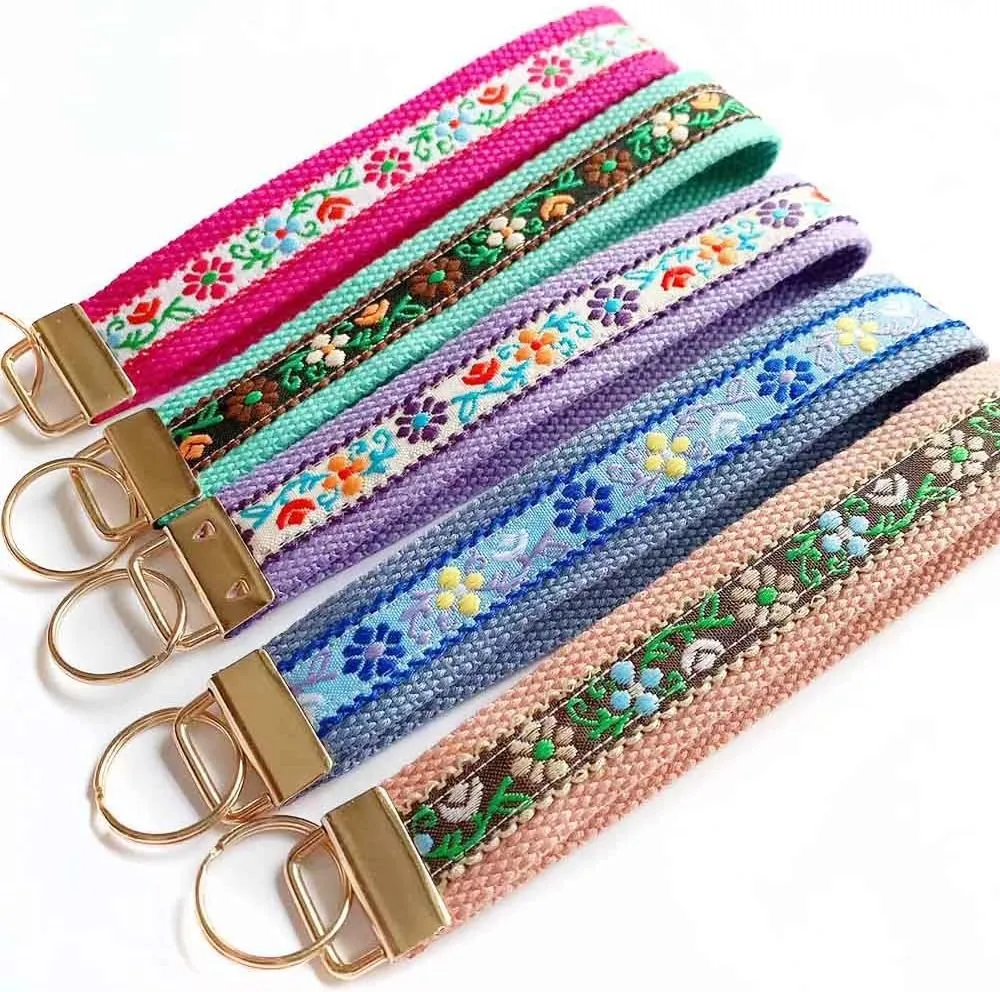 BattleTim Key Fob Keychain Wristlet Floral Embroidered Car Key Chain Holder Handmade Fabric Key Fobs Wristband for Women
