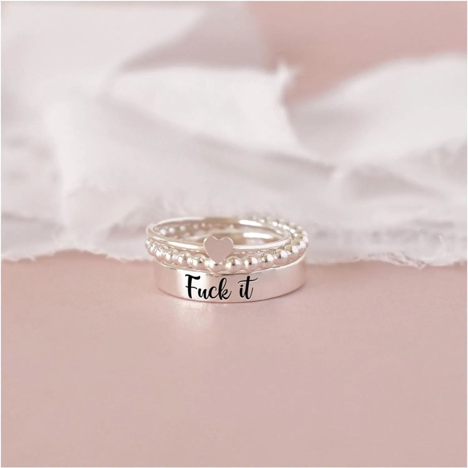 BBGDIPG S925 Stacked Ring Set - Fuck It Anxiety Ring, Dainty Bar Spinner, Cool Statement Signet Ring