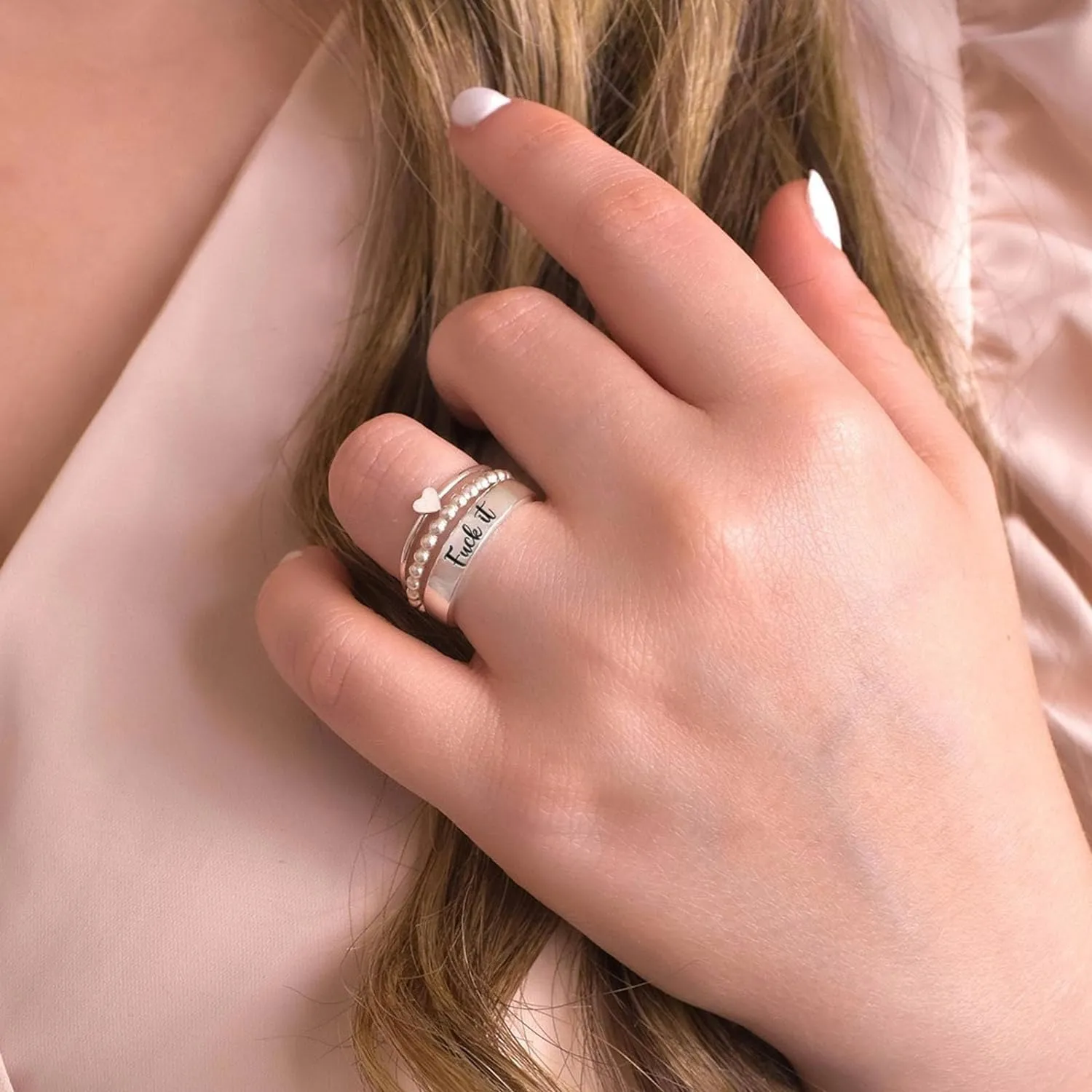 BBGDIPG S925 Stacked Ring Set - Fuck It Anxiety Ring, Dainty Bar Spinner, Cool Statement Signet Ring