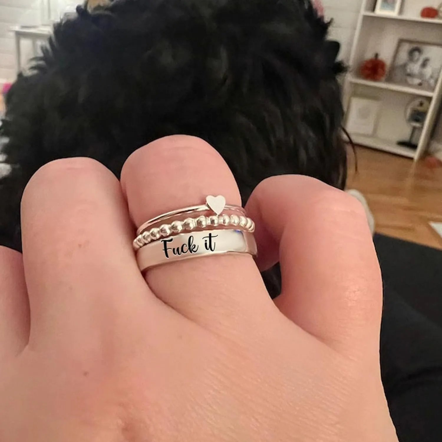 BBGDIPG S925 Stacked Ring Set - Fuck It Anxiety Ring, Dainty Bar Spinner, Cool Statement Signet Ring