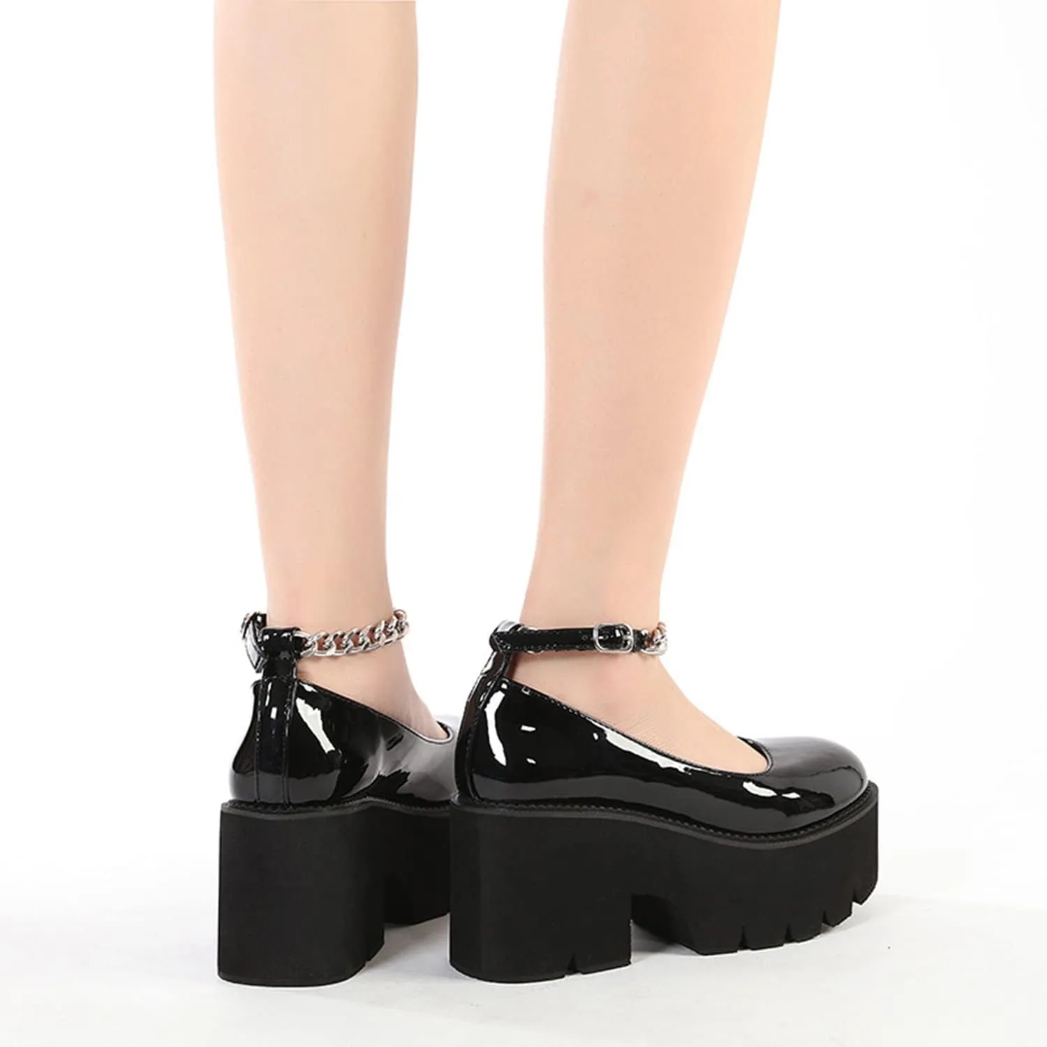 bbruriy Marry Jane Platform Shoes with Chain Ankle Strap for Women Fashion Comfy Round Toe Chunky Heel Gothic Uniform Dress Pumps School Black PU Leather Shoes