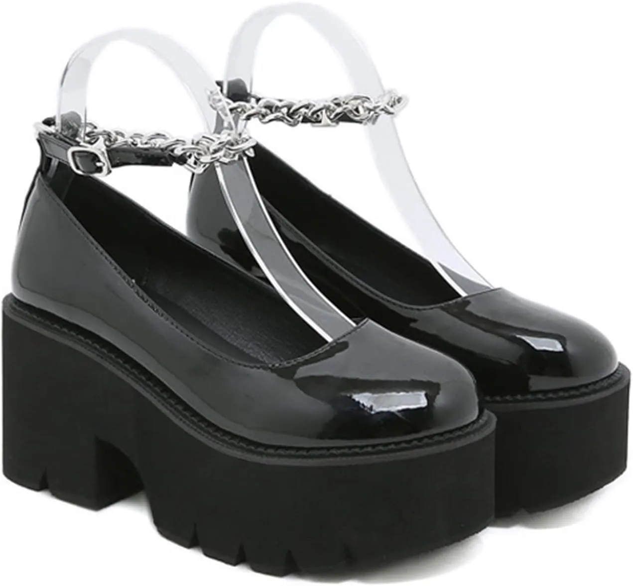 bbruriy Marry Jane Platform Shoes with Chain Ankle Strap for Women Fashion Comfy Round Toe Chunky Heel Gothic Uniform Dress Pumps School Black PU Leather Shoes