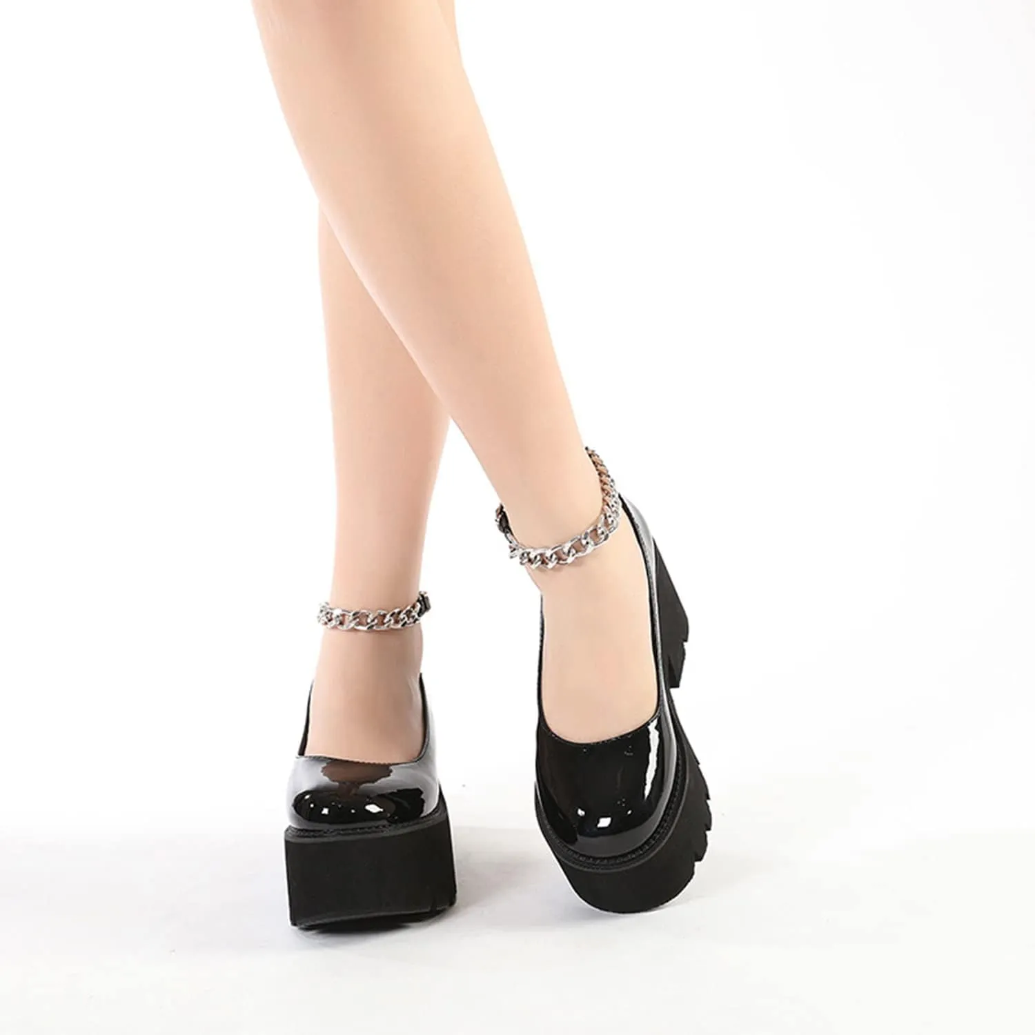 bbruriy Marry Jane Platform Shoes with Chain Ankle Strap for Women Fashion Comfy Round Toe Chunky Heel Gothic Uniform Dress Pumps School Black PU Leather Shoes