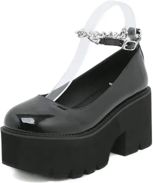 bbruriy Marry Jane Platform Shoes with Chain Ankle Strap for Women Fashion Comfy Round Toe Chunky Heel Gothic Uniform Dress Pumps School Black PU Leather Shoes