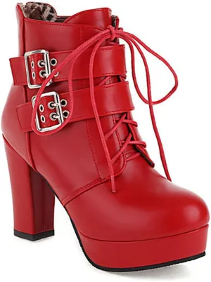 bbruriy Sexy High Heels for Women Boots Round Toe Platform Booties Lace Up PU Leather Side Zipper Belt Buckle Ankle Bootie Dress Party Shoes