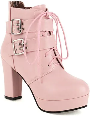 bbruriy Sexy High Heels for Women Boots Round Toe Platform Booties Lace Up PU Leather Side Zipper Belt Buckle Ankle Bootie Dress Party Shoes