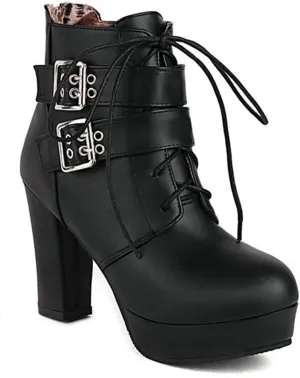 bbruriy Sexy High Heels for Women Boots Round Toe Platform Booties Lace Up PU Leather Side Zipper Belt Buckle Ankle Bootie Dress Party Shoes