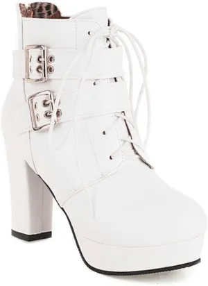 bbruriy Sexy High Heels for Women Boots Round Toe Platform Booties Lace Up PU Leather Side Zipper Belt Buckle Ankle Bootie Dress Party Shoes