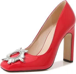 bbruriy Women's High Chunky Block Heel Pump Dress Heeled High Heels Square Toe Slip on Pumps with Rhinestone Square Buckle