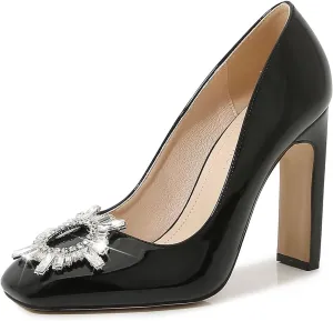 bbruriy Women's High Chunky Block Heel Pump Dress Heeled High Heels Square Toe Slip on Pumps with Rhinestone Square Buckle