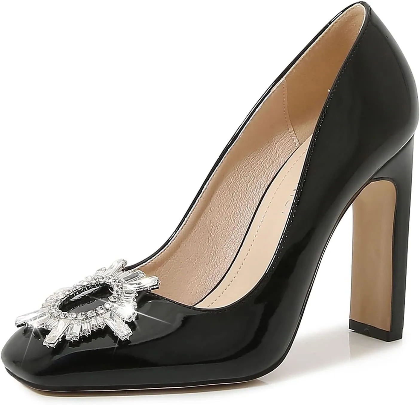 bbruriy Women's High Chunky Block Heel Pump Dress Heeled High Heels Square Toe Slip on Pumps with Rhinestone Square Buckle