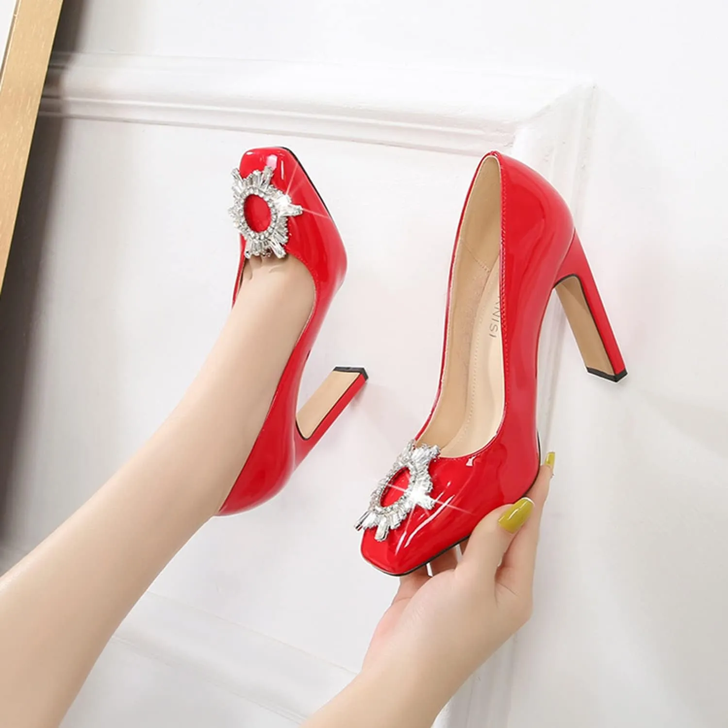 bbruriy Women's High Chunky Block Heel Pump Dress Heeled High Heels Square Toe Slip on Pumps with Rhinestone Square Buckle
