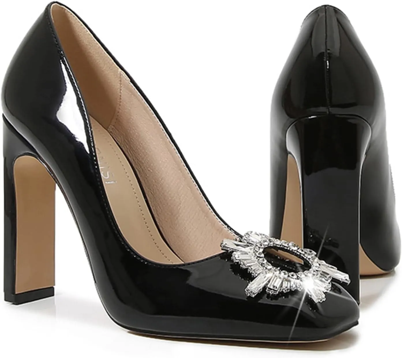 bbruriy Women's High Chunky Block Heel Pump Dress Heeled High Heels Square Toe Slip on Pumps with Rhinestone Square Buckle