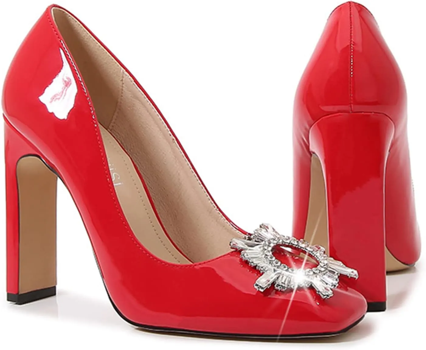 bbruriy Women's High Chunky Block Heel Pump Dress Heeled High Heels Square Toe Slip on Pumps with Rhinestone Square Buckle