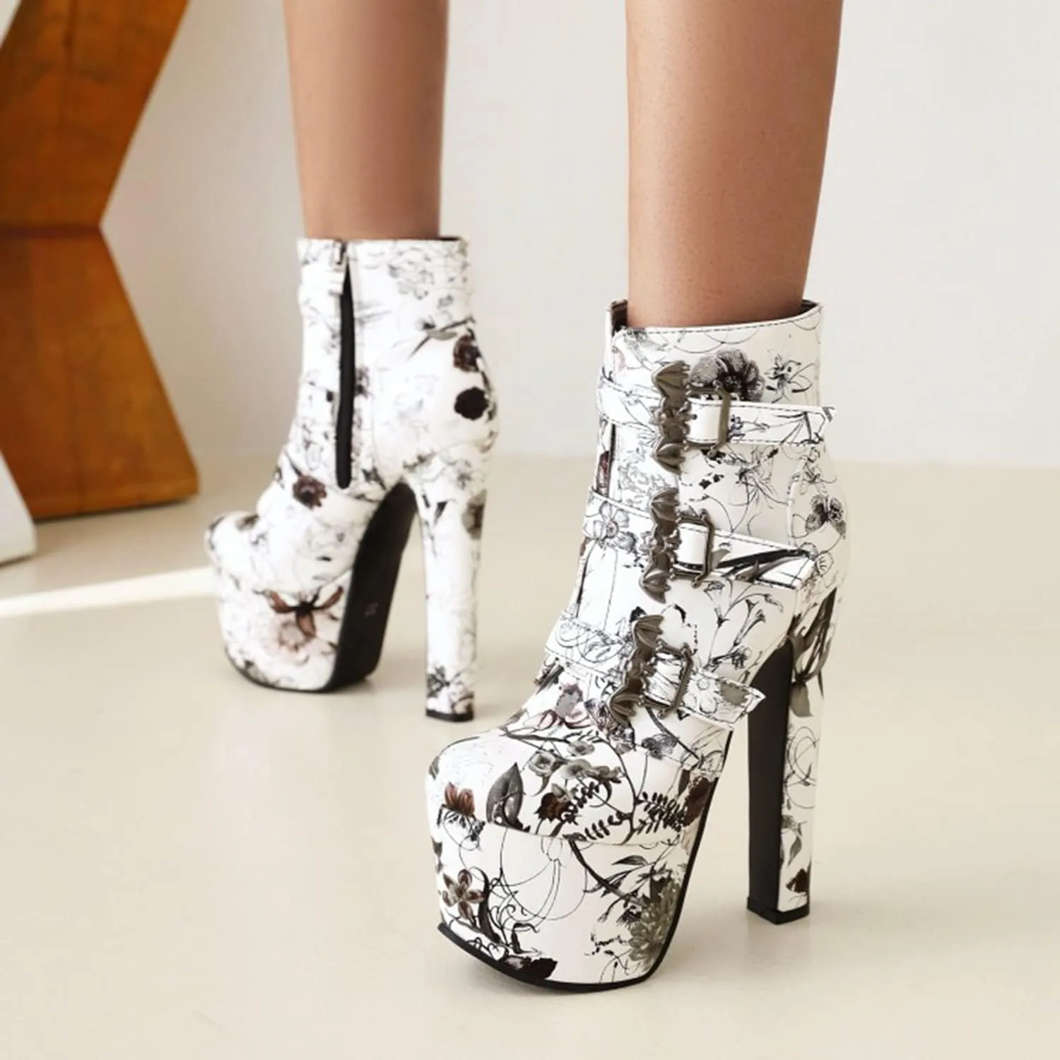 bbruriy Womens High Heels Platform Chunky Heel Boots Round Toe Side Zipper Metal Buckle Straps Booties Nightclub Party Dress Boot 6.7" Chunky Heel Shoes