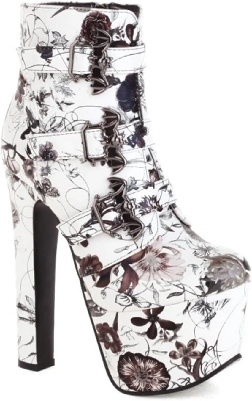 bbruriy Womens High Heels Platform Chunky Heel Boots Round Toe Side Zipper Metal Buckle Straps Booties Nightclub Party Dress Boot 6.7" Chunky Heel Shoes