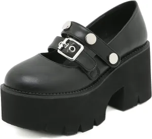 bbruriy Womens Marry Jane Platform Shoes Round Toe Chunky Heel Uniform Dress Pumps Lolita Shoes with Double Wide Ankle Strap and Belt Buckle Decoration