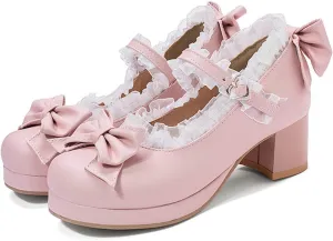 bbruriy Women's Mary Jane Platform Chunky Block Heels Cute Cosplay Bow Lace Dresses Cross-Tied Round Toe Ankle Strap Shoes Round Toe Lolita Pumps