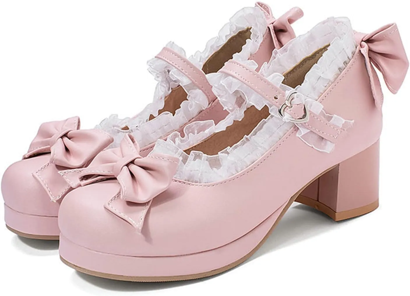 bbruriy Women's Mary Jane Platform Chunky Block Heels Cute Cosplay Bow Lace Dresses Cross-Tied Round Toe Ankle Strap Shoes Round Toe Lolita Pumps