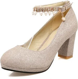 bbruriy Womens Platform Chunky High Block Heels Pearl Ankle Strap Buckles Dress Pumps Fashion Sequins Party Prom Shoes for Women