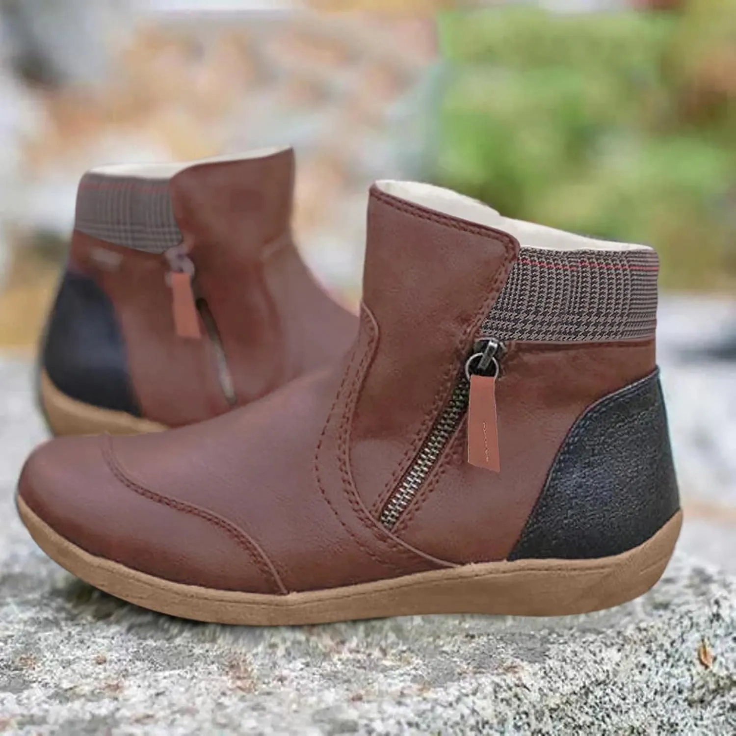 Bcshiye Women's Ankle Boots Leather Zipper Comfort Shoes Arch Support Zipper Flats Booties Outdoor Party Short Boots