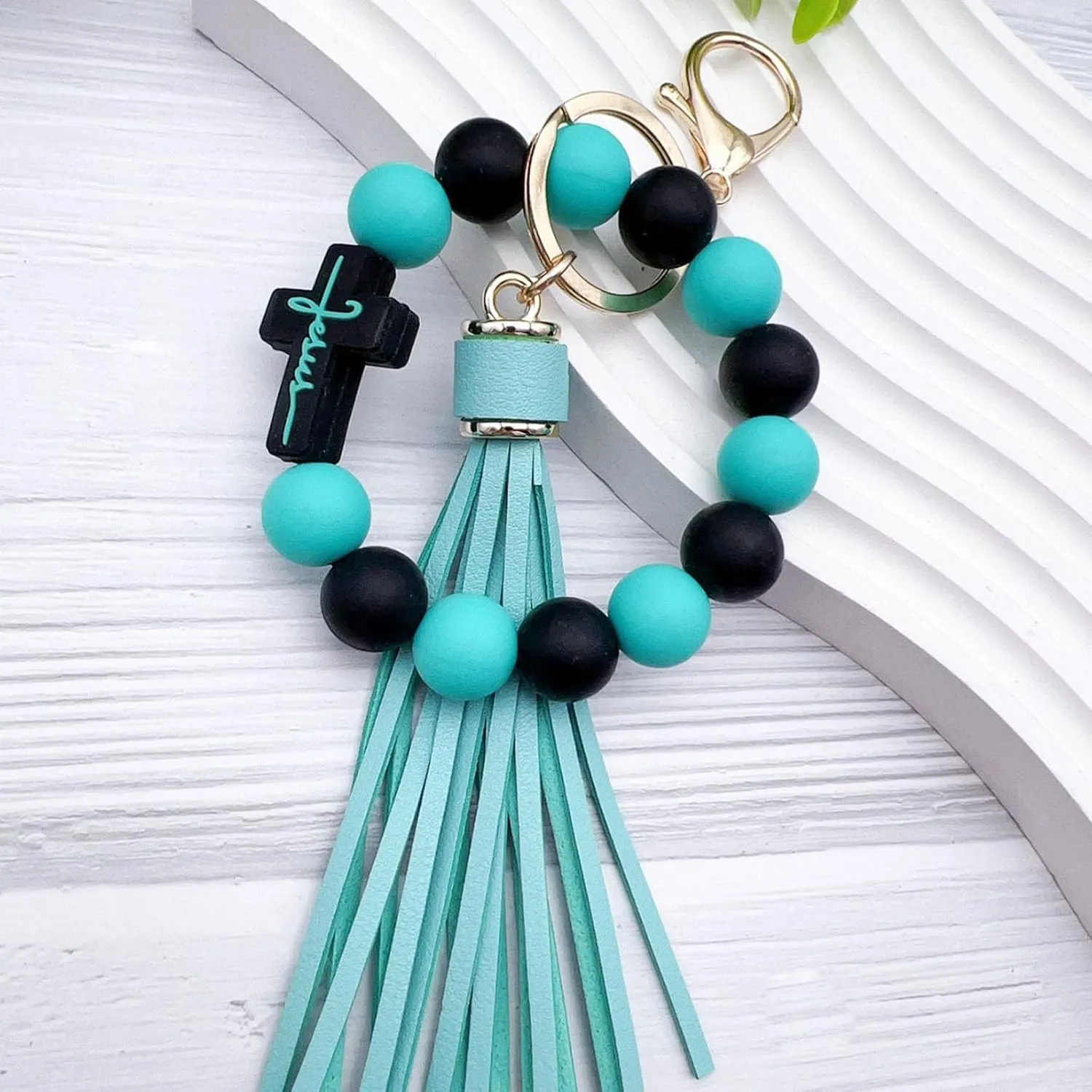 Beaded Keychain Wristlet Silicone Cross Elastic Wrist Key Ring Tassel Bangle Key Chains for Car Key Bracelet Women