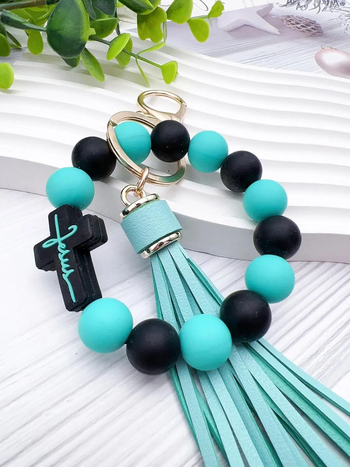 Beaded Keychain Wristlet Silicone Cross Elastic Wrist Key Ring Tassel Bangle Key Chains for Car Key Bracelet Women